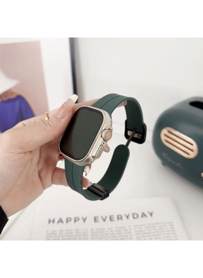 Generic For Iwatch10 For Apple Watch For Applewatch987654 Square Buckle Folding Magnetic Silicone Tape Ultra-Color:Ins [square Buckle Folding Magnetic Silicone] Pine Needle Green-45mm (iwatch789 Generation)  - Image 1