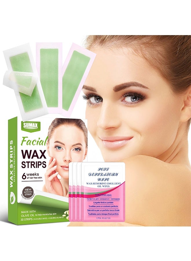 SUMAX Wax Strips for Hair Removal, Double Sides Facial Body Wax Strips, Waxing Kit with 30 Face Wax Strips and 4 Calming Oil Wipes - Image 1