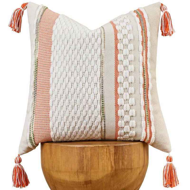 AmHoo Chenille Striped Textured Boho Throw Pillow Covers Aesthetic with Tassels Woven Decorative Pillow Case for Couch Bed Sofa Bedroom Modern Funky 18 x 18Inch White Orange - Image 2