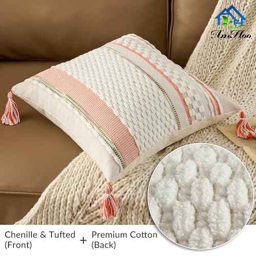 AmHoo Chenille Striped Textured Boho Throw Pillow Covers Aesthetic with Tassels Woven Decorative Pillow Case for Couch Bed Sofa Bedroom Modern Funky 18 x 18Inch White Orange - Image 3