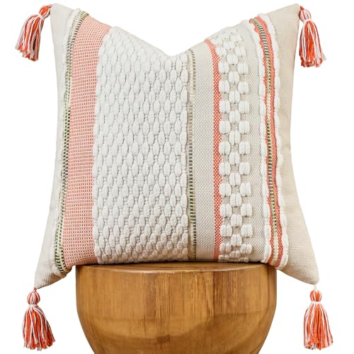 AmHoo Chenille Striped Textured Boho Throw Pillow Covers Aesthetic with Tassels Woven Decorative Pillow Case for Couch Bed Sofa Bedroom Modern Funky 18 x 18Inch White Orange - Image 1
