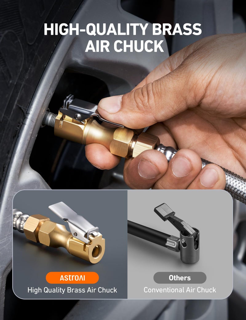 AstroAI مقياس ضغط الإطارات الرقمي من أسترو إيه آي، مقياس نفخ الإطارات الثقيل 250 PSI مع ملحقات ضاغط الهواء مع خرطوم مضفر من الفولاذ المقاوم للصدأ، قرص دوار وموصل سريع للتوصيل للشاحنات/المركبات الترفيهية/SUV - Image 4