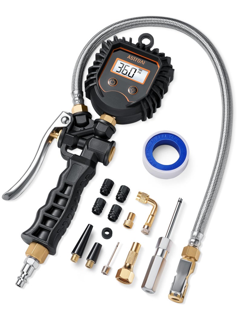AstroAI مقياس ضغط الإطارات الرقمي من أسترو إيه آي، مقياس نفخ الإطارات الثقيل 250 PSI مع ملحقات ضاغط الهواء مع خرطوم مضفر من الفولاذ المقاوم للصدأ، قرص دوار وموصل سريع للتوصيل للشاحنات/المركبات الترفيهية/SUV - Image 1