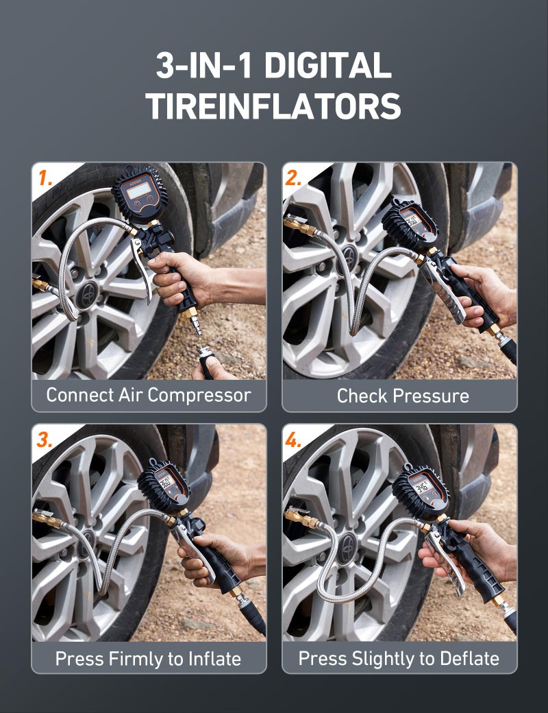 AstroAI مقياس ضغط الإطارات الرقمي من أسترو إيه آي، مقياس نفخ الإطارات الثقيل 250 PSI مع ملحقات ضاغط الهواء مع خرطوم مضفر من الفولاذ المقاوم للصدأ، قرص دوار وموصل سريع للتوصيل للشاحنات/المركبات الترفيهية/SUV - Image 5