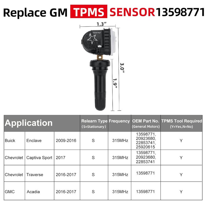 SEINECA 13598771 315MHz Tire Pressure Monitoring System (TPMS) Sensor for Chevrolet, GMC, Cadillac, Buick, Hummer, Pontiac, Saturn - Image 3