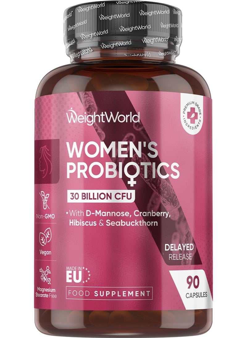 WeightWorld Women Probiotics Capsules - 30 Billion CFU - 90 Delayed Release Capsules - Added with D-Mannose, Cranberry, Hibiscus & Seabuckthorn Extracts - Vegan Intimate Probiotics for Women - Image 1