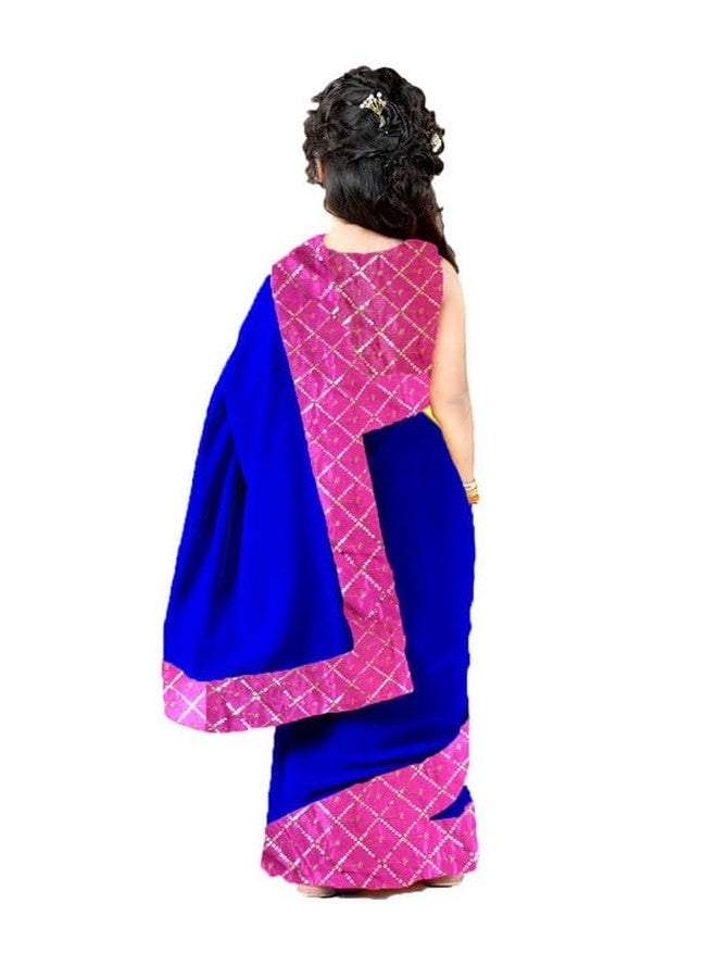 HIBA CREATIONS Baby Girl Blue georgette prestitched saree with Blouse 0-6 Month with Readymade Pink silk Blouse - Image 3
