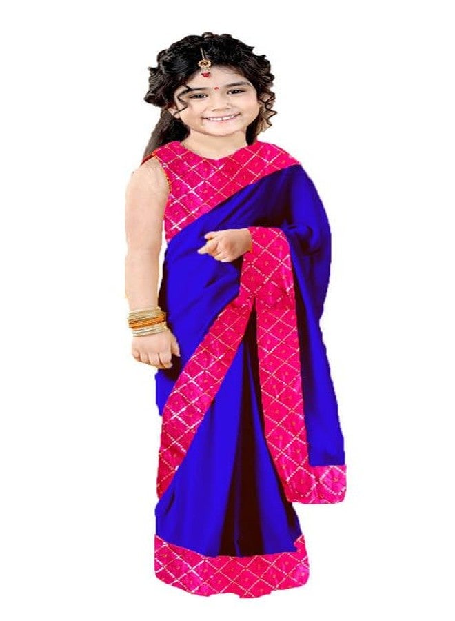 HIBA CREATIONS Baby Girl Blue georgette prestitched saree with Blouse 0-6 Month with Readymade Pink silk Blouse - Image 1
