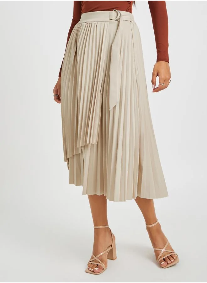 Styli Styli Pleated Wrap Belted A-Line Midi Skirt