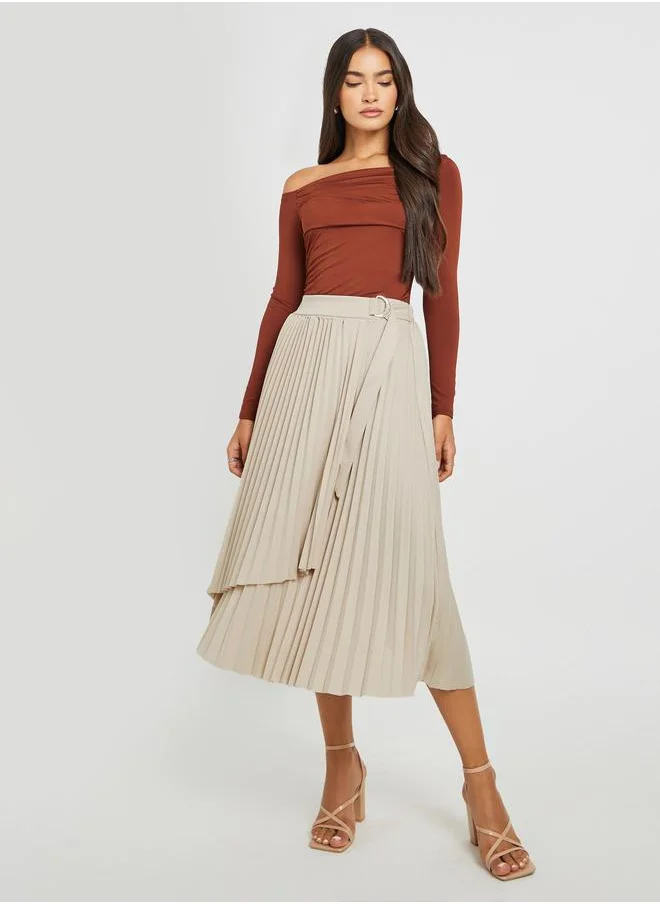 Styli Styli Pleated Wrap Belted A-Line Midi Skirt