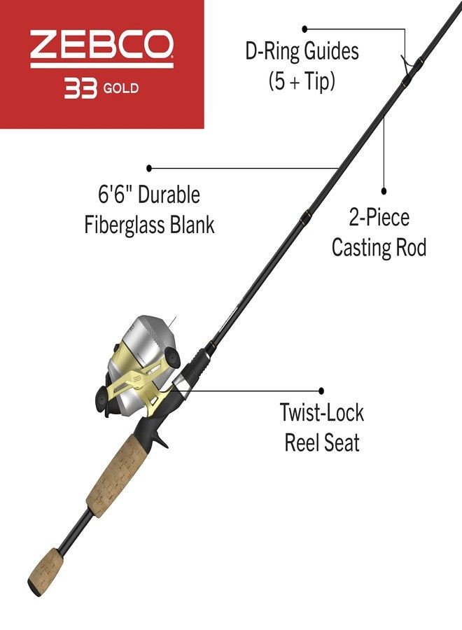 Zebco 33 Gold Spincast Reel and 2-Piece Fishing Rod Combo, Fiberglass Rod with Comfortable Split-Grip Cork Handle, Instant Anti-Reverse Fishing Reel 60 - Image 2