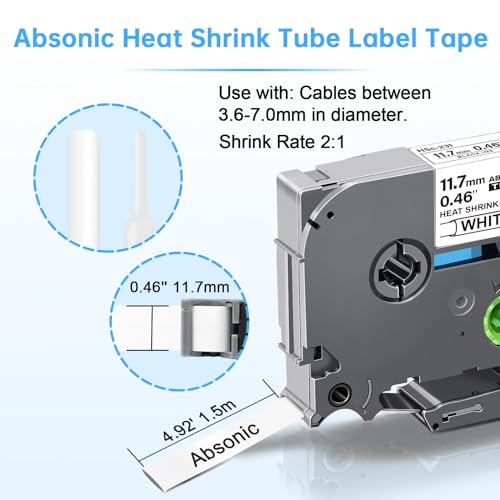 Absonic 3-Pack Hse231 11.7mm Heat Shrink Tube Label Tape Compatible for Brother Hse-231 Hs231 Hs-231 P Touch Hse Label Tape 1/2 inch Black on White for PT-D220 PT-D210 PT-E300 PT-E500 PT-E550W - Image 2