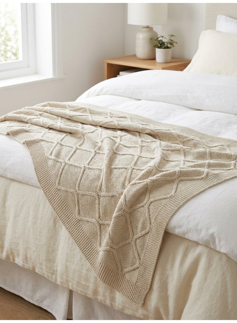 Ambrosia 130 × 160 سم بطانية محبوكة من القطن بلون البيج مع تصميم الماس، غطاء أريكة فاخر بوزن 400 جرام لكل متر مربع، عداء سرير قابل للتنفس، وإكسسوار بوهو زخرفي. - Image 3