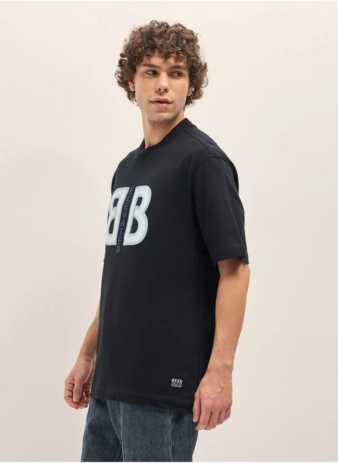 THE BEAR HOUSE Men's Black Oversize Graphic Design Crew Neck T-shirt Perfect For Casual Wear, Gym, Travel, Or Layering Stylish And Versatile Essential For Every Wardrobe