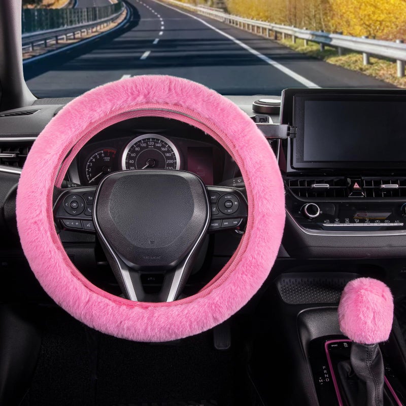 SEG Direct Furry Car Steering Wheel Cover with Fluffy Gear Shift Cover Soft Warm Non-Slip Car Decoration for Women Girls 2 PCS Set, Pink - Image 2