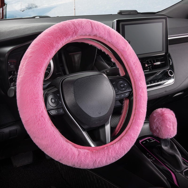 SEG Direct Furry Car Steering Wheel Cover with Fluffy Gear Shift Cover Soft Warm Non-Slip Car Decoration for Women Girls 2 PCS Set, Pink - Image 1