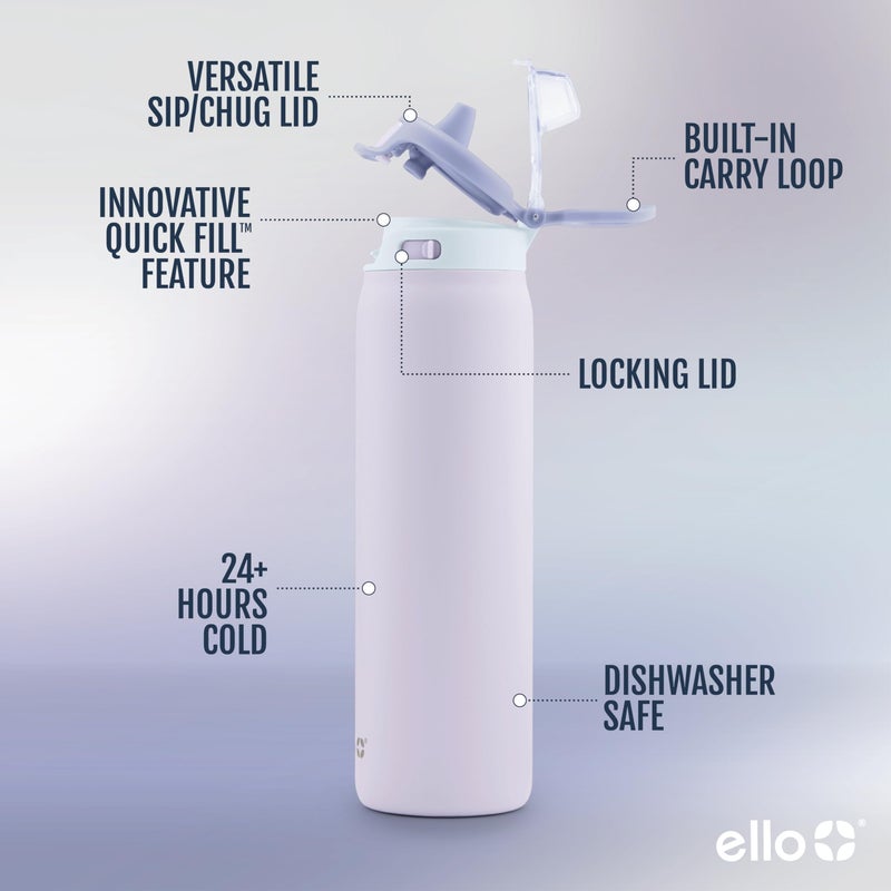 إلو زجاجة مياه من الفولاذ المقاوم للصدأ Ello Pop & fill بسعة 32 أونصة مزودة بتقنية التعبئة السريعة، ذات جدار مزدوج ومعزولة بالفراغ، وغطاء معدني مانع للتسرب، وغطاء قابل لإعادة الاستخدام، وخالية من مادة BPA، أورورا - Image 2