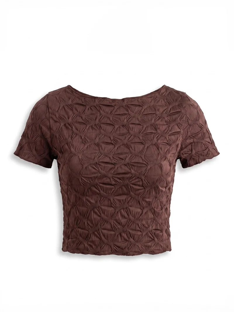 Hiccup Short Sleeve Textured Boat Neck Slim Fit Crop T-Shirt