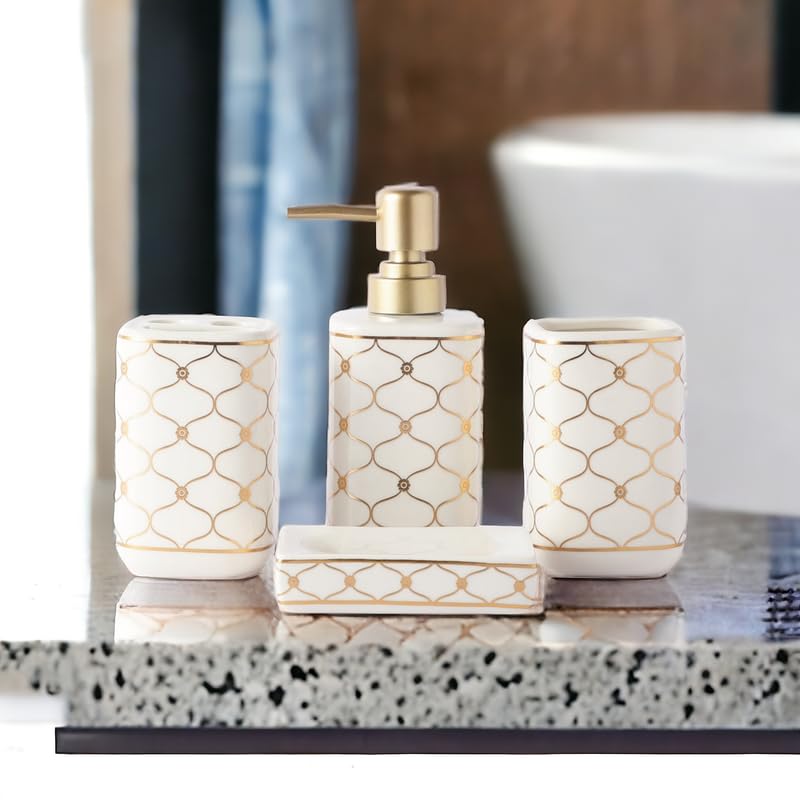 Whizzo Ceramic Bathroom Accessories Set Ceramic 4 Pieces Bathroom Set Soap Dispenser Toothbrush Holder Tumbler Soap Dish The Best Gifting Choice White 823 - Image 1