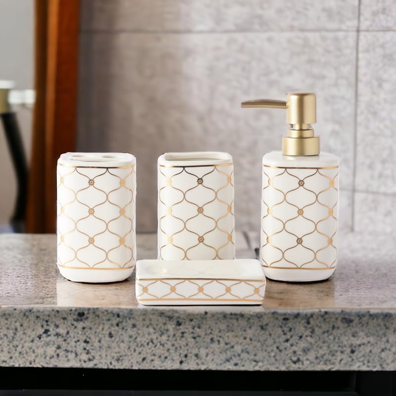 Whizzo Ceramic Bathroom Accessories Set Ceramic 4 Pieces Bathroom Set Soap Dispenser Toothbrush Holder Tumbler Soap Dish The Best Gifting Choice White 823 - Image 2