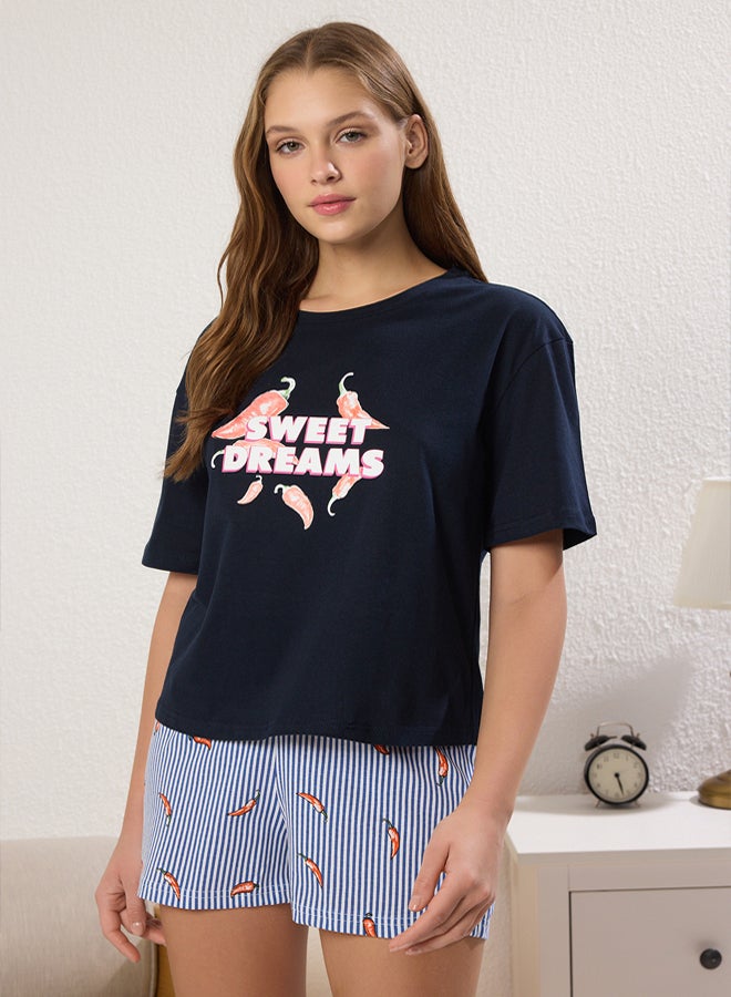 trendyol Navy Blue 100% Cotton Striped Pepper Patterned Shorts Knitted Pajama Set  - Image 2