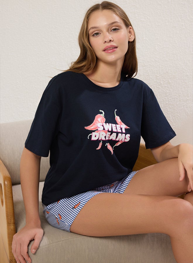 trendyol Navy Blue 100% Cotton Striped Pepper Patterned Shorts Knitted Pajama Set  - Image 3