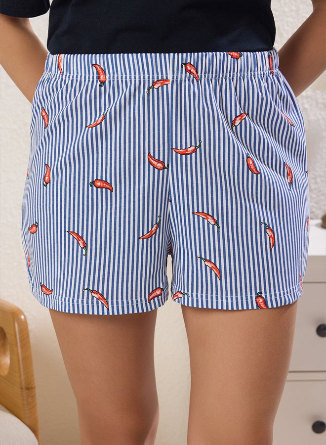 trendyol Navy Blue 100% Cotton Striped Pepper Patterned Shorts Knitted Pajama Set  - Image 3
