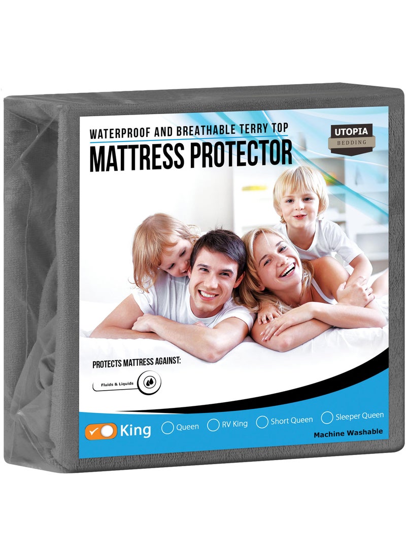 Utopia Bedding Utopia Bedding Waterproof Mattress Protector King Size  Premium Terry Mattress Cover 200 GSM  Breathable  Fitted Style with Stretchable Pockets (Gray)  - Image 1