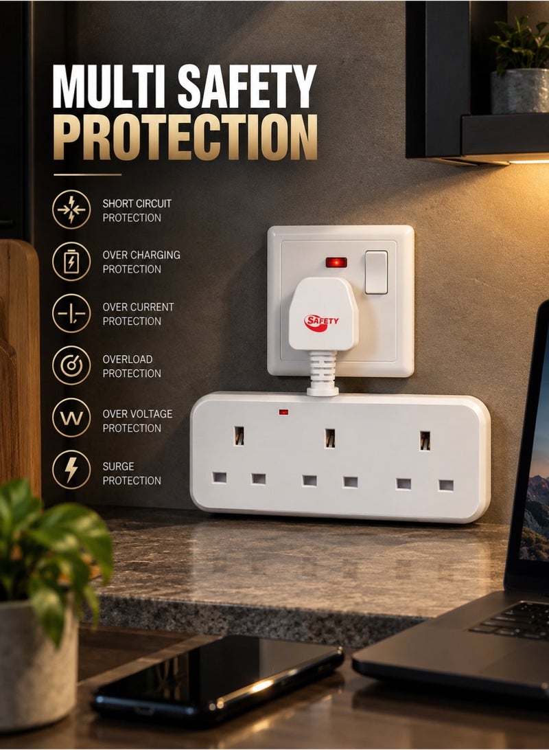 سيفتي محول طاقة SafetyPower ثلاثي المنافذ، وصلة مقبس حائط بريطاني مع 3 مخارج، رأس دوار، أبيض - Image 3