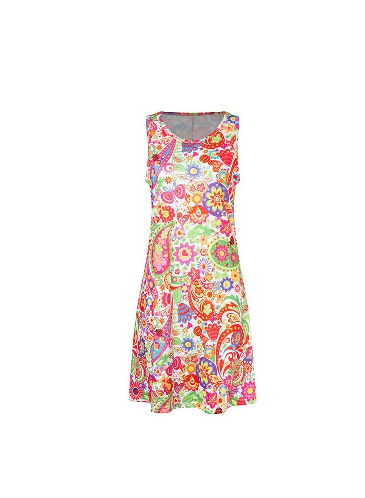 Loquat Women New Sleeveless 3D Print Round Neck Vest Dress