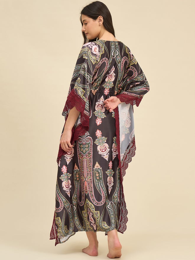 The Kaftan Company Black Satin Paisley Printed Kaftan Nightdress - Image 5