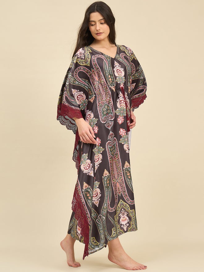 The Kaftan Company Black Satin Paisley Printed Kaftan Nightdress - Image 3