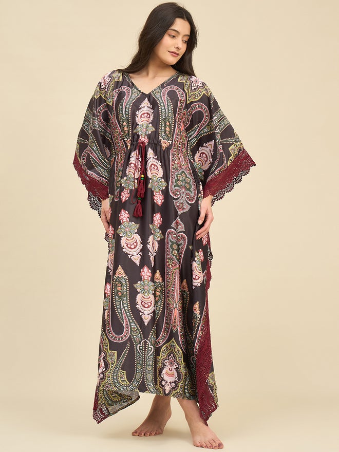 The Kaftan Company Black Satin Paisley Printed Kaftan Nightdress - Image 2