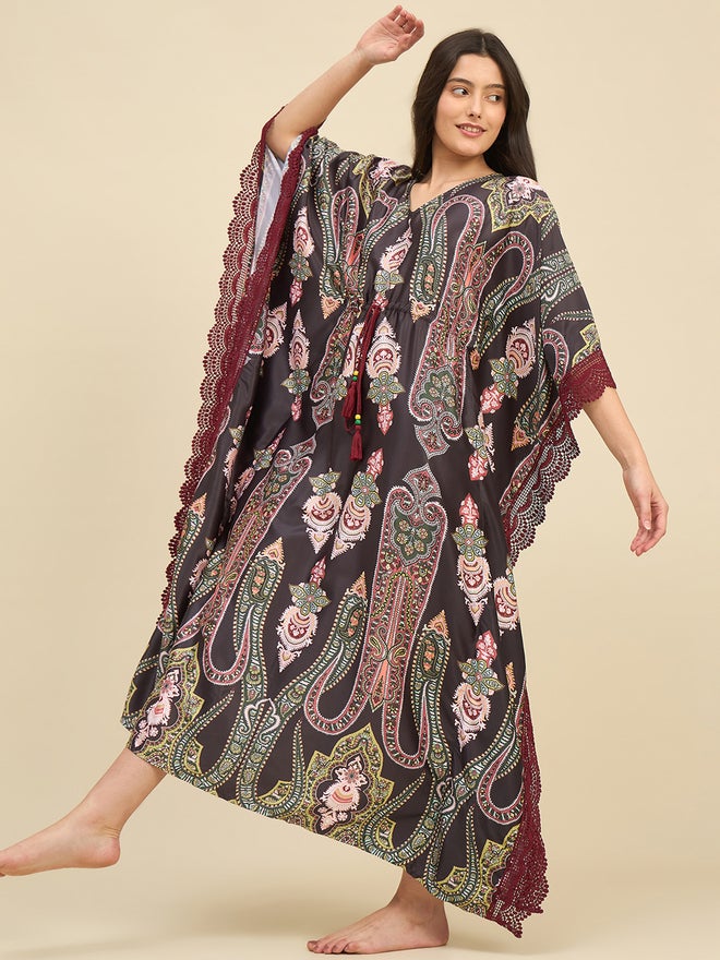 The Kaftan Company Black Satin Paisley Printed Kaftan Nightdress - Image 1