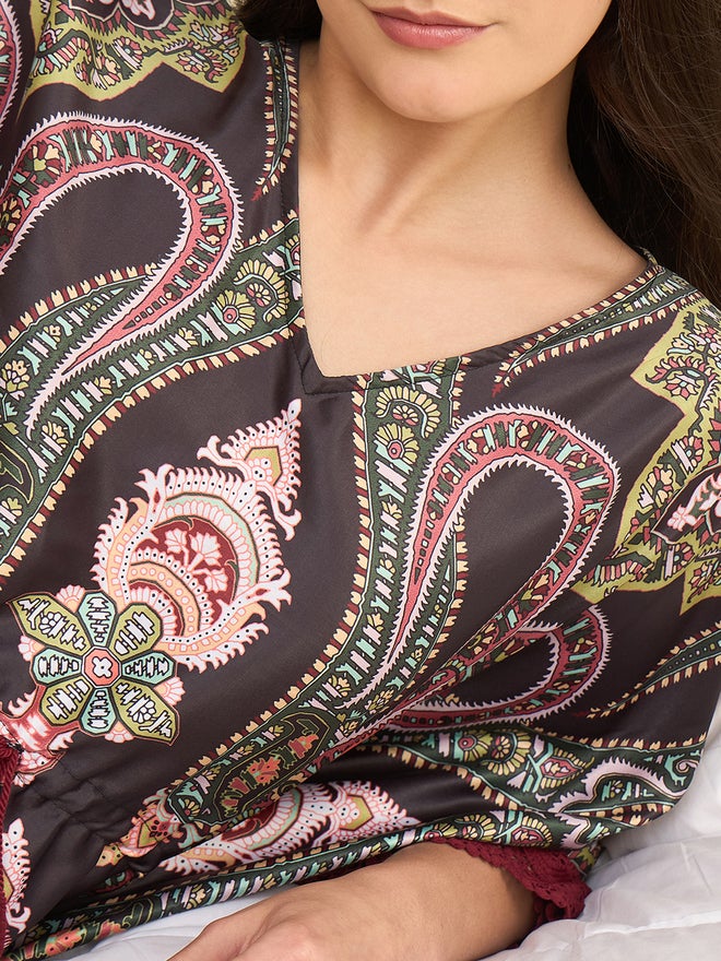 The Kaftan Company Black Satin Paisley Printed Kaftan Nightdress - Image 4