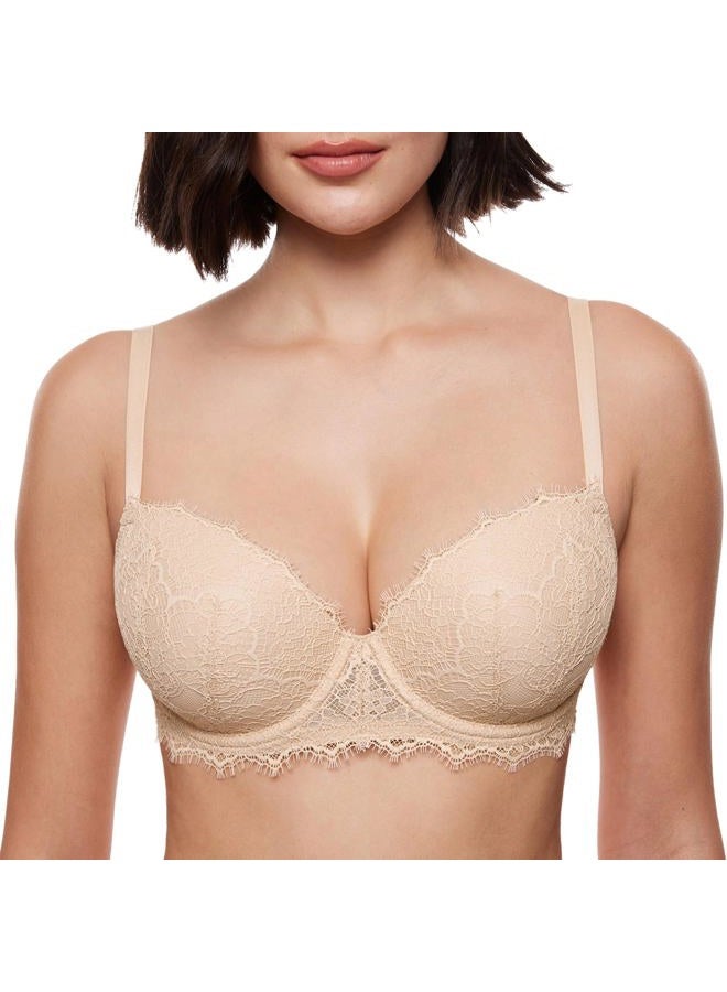 DOBREVA Women's Balconette Bra Lace Lightly Padded Demi Full Coverage Plus Size Bras Underwire Support Beige 32B - Image 1