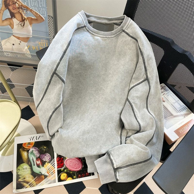Heavyweight Sweatshirt Mens Spring and Autumn Jacket Round Neck Loose Youth American Style Top with Stitching Design Gray (regular style)