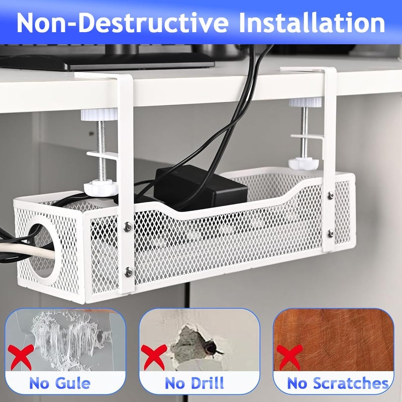 Climberty ® No Drill Under Desk Cable Management Tray, Adjustable Metal Wire Organizer Rack with Clamp for Cord, Power Strip & Network Cable Storage, Office Or Home Use, 13x4.7x3.1 inches (White) - Image 5