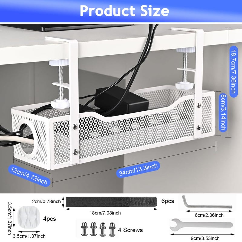 Climberty ® No Drill Under Desk Cable Management Tray, Adjustable Metal Wire Organizer Rack with Clamp for Cord, Power Strip & Network Cable Storage, Office Or Home Use, 13x4.7x3.1 inches (White) - Image 2