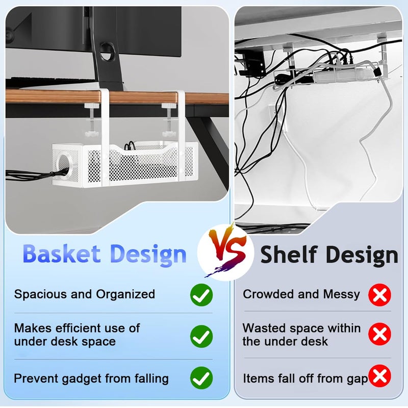 Climberty ® No Drill Under Desk Cable Management Tray, Adjustable Metal Wire Organizer Rack with Clamp for Cord, Power Strip & Network Cable Storage, Office Or Home Use, 13x4.7x3.1 inches (White) - Image 4