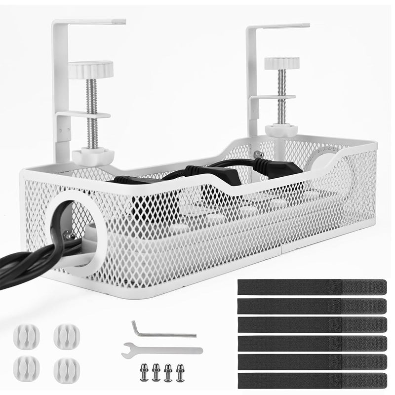 Climberty ® No Drill Under Desk Cable Management Tray, Adjustable Metal Wire Organizer Rack with Clamp for Cord, Power Strip & Network Cable Storage, Office Or Home Use, 13x4.7x3.1 inches (White) - Image 1