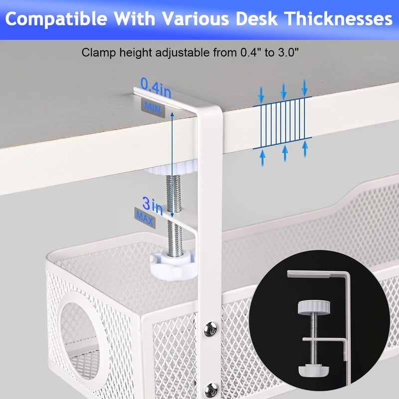 Climberty ® No Drill Under Desk Cable Management Tray, Adjustable Metal Wire Organizer Rack with Clamp for Cord, Power Strip & Network Cable Storage, Office Or Home Use, 13x4.7x3.1 inches (White) - Image 3