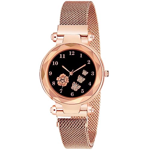 CERO New Flower Butterfly Dial Mgnetic Strap Girls Analogue Stainless Steel Watch For Woman (Rose Gold) - Image 1