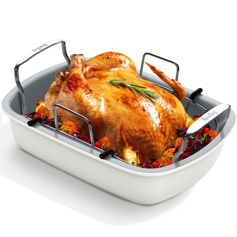 Nonstick Turkey Roasting Pan with Rack 17 x 13 Inch Turkey Pan large roaster pan for Meat  Vegetable White