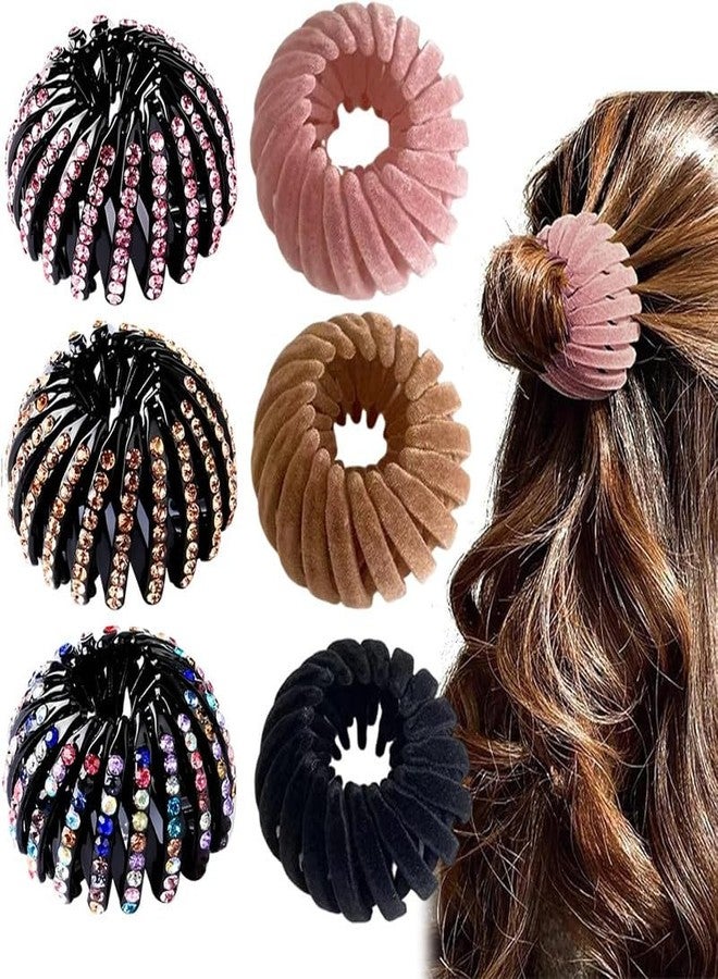 YANWENX 6 PCS Bird’s Nest Hair Clips - Rhinestone Expandable Ponytail Holder, Retractable Hair Loops with Flocking, Multi-Color Hair Accessories for Girls & Women - Image 1