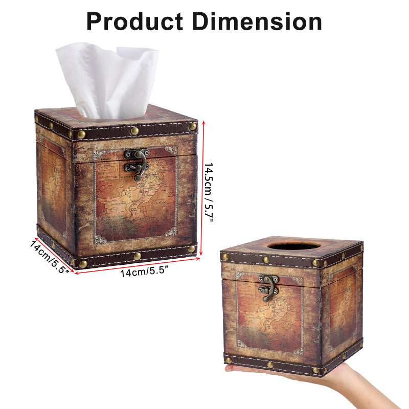 Kokone Wooden Aesthetic Tissue Box Cover with PU Leather Surface, Antique Decorative Cube Tissue Box Holder, Square Vintage Countertop Tissue Holder for Bedroom Bathroom Office Home Decor - Image 2