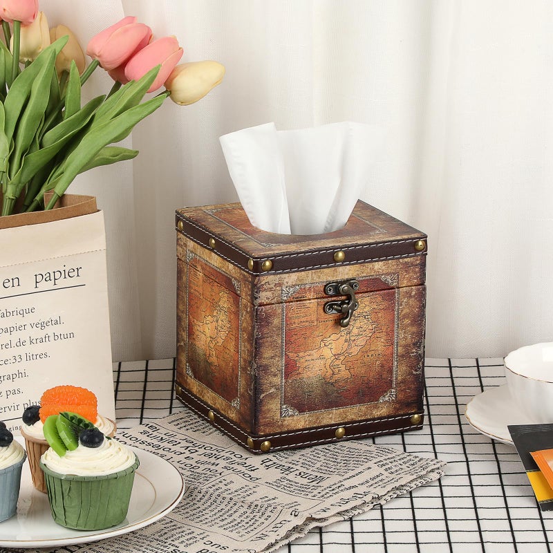 Kokone Wooden Aesthetic Tissue Box Cover with PU Leather Surface, Antique Decorative Cube Tissue Box Holder, Square Vintage Countertop Tissue Holder for Bedroom Bathroom Office Home Decor - Image 5