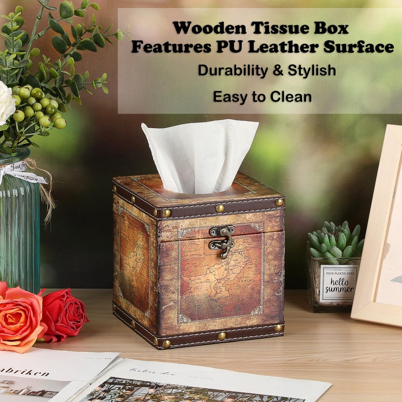 Kokone Wooden Aesthetic Tissue Box Cover with PU Leather Surface, Antique Decorative Cube Tissue Box Holder, Square Vintage Countertop Tissue Holder for Bedroom Bathroom Office Home Decor - Image 3