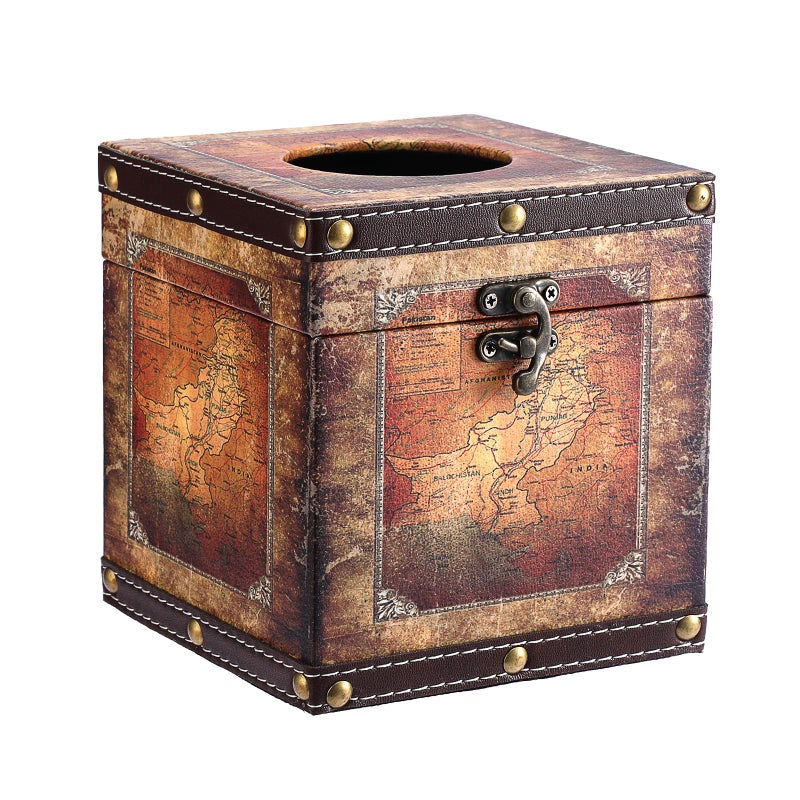 Kokone Wooden Aesthetic Tissue Box Cover with PU Leather Surface, Antique Decorative Cube Tissue Box Holder, Square Vintage Countertop Tissue Holder for Bedroom Bathroom Office Home Decor - Image 1