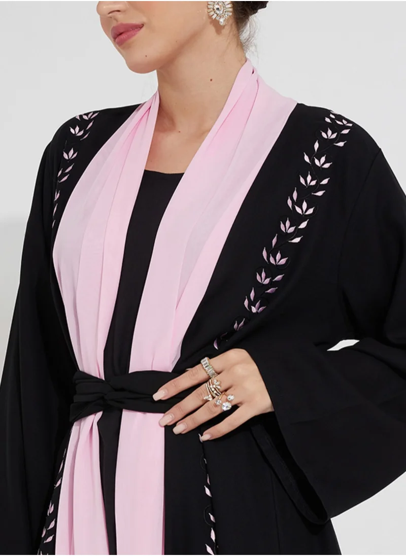Rosette Abaya Pink Embroidery Abaya Wide Sleeves